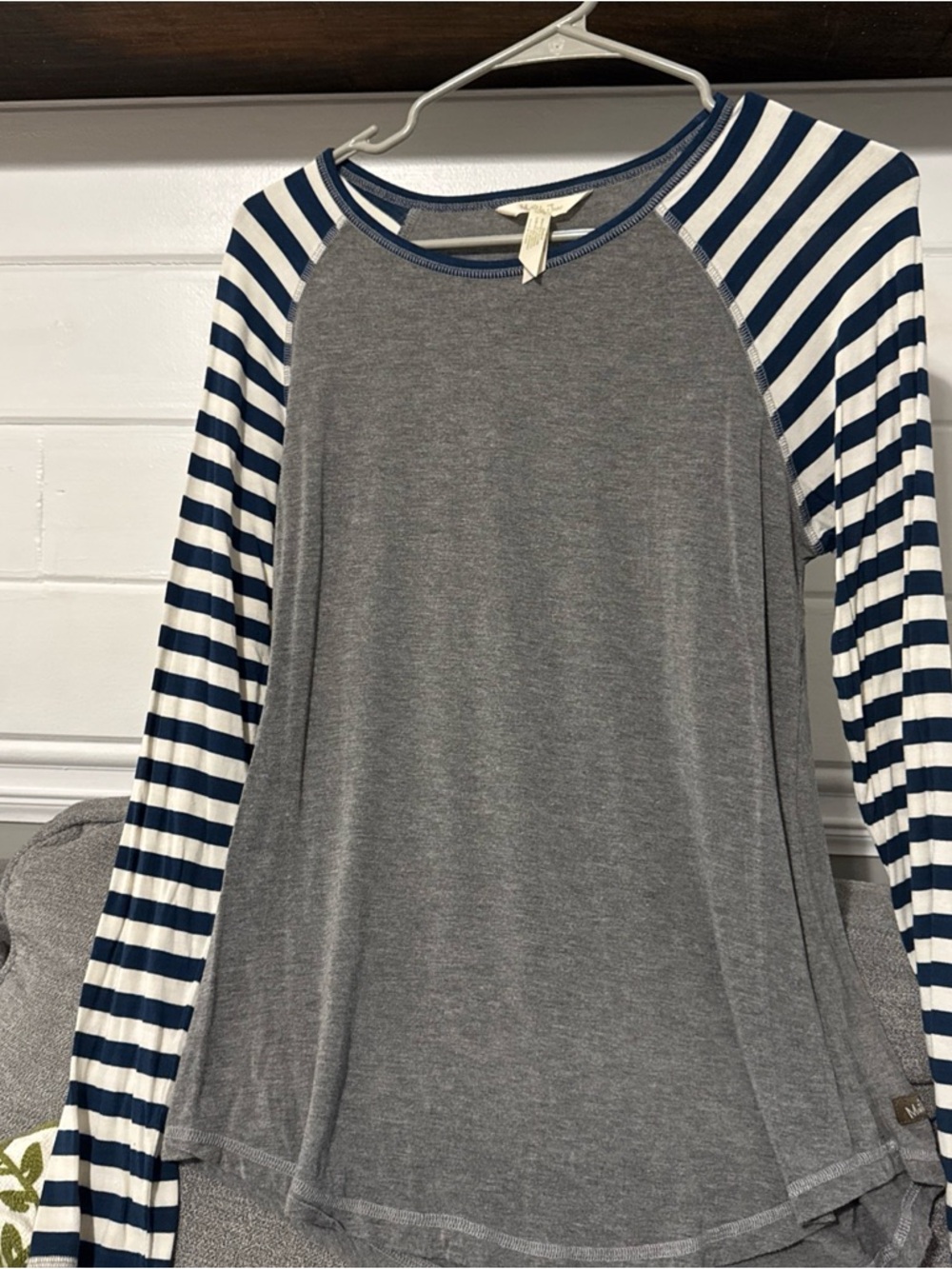 Matilda Jane Gray Raglan Top with Navy and White Striped Sleeves